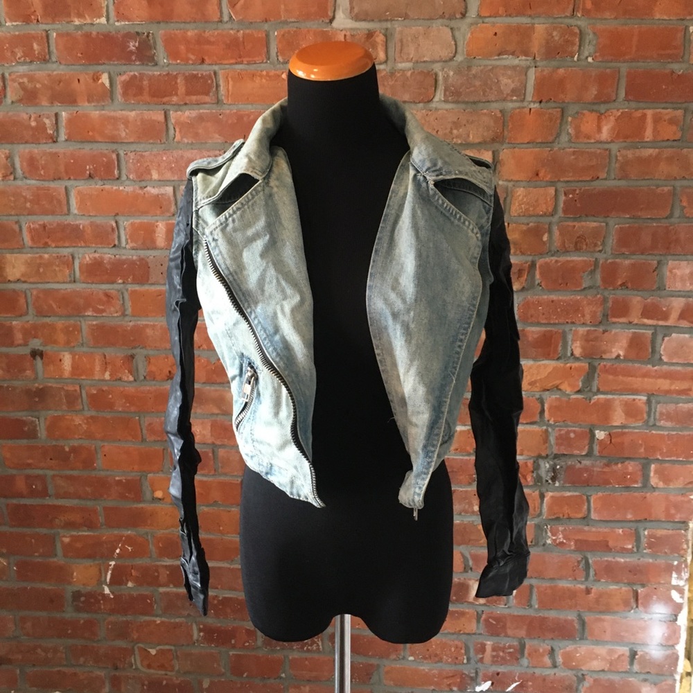 Cropped denim jacket vegan leather sleeves XS